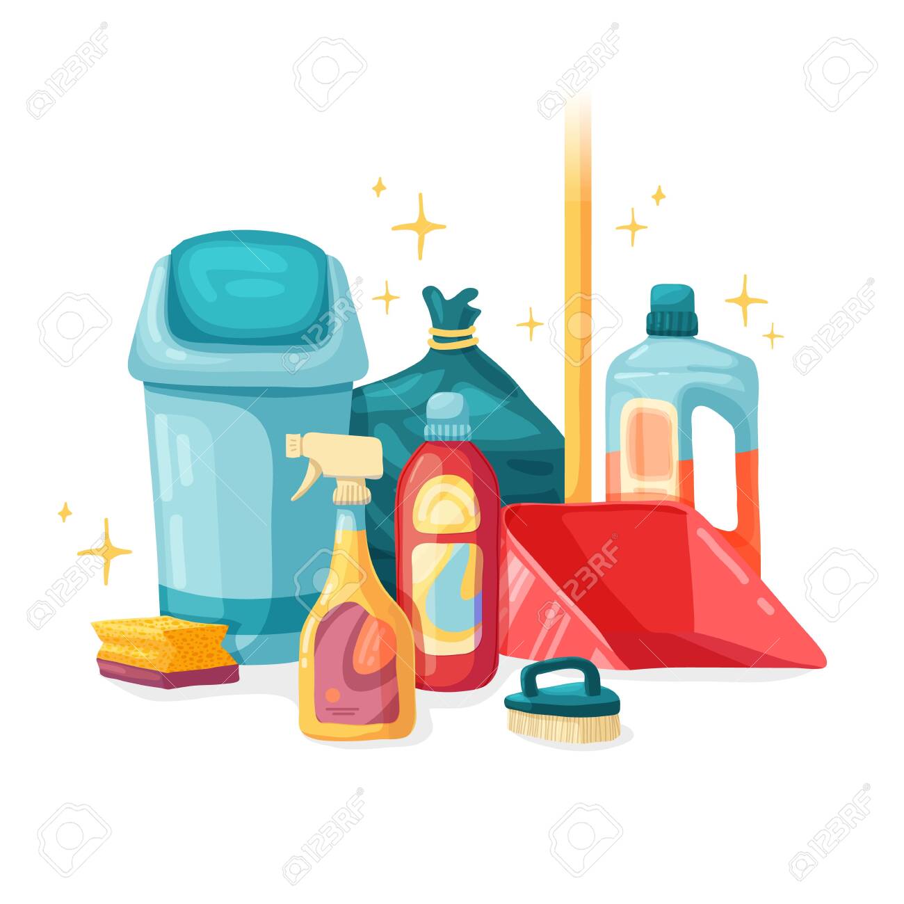 Design banner House cleaning with cleaning products. Cartoon illustration household chemicals. Temlate for flyer clean up service. Vector